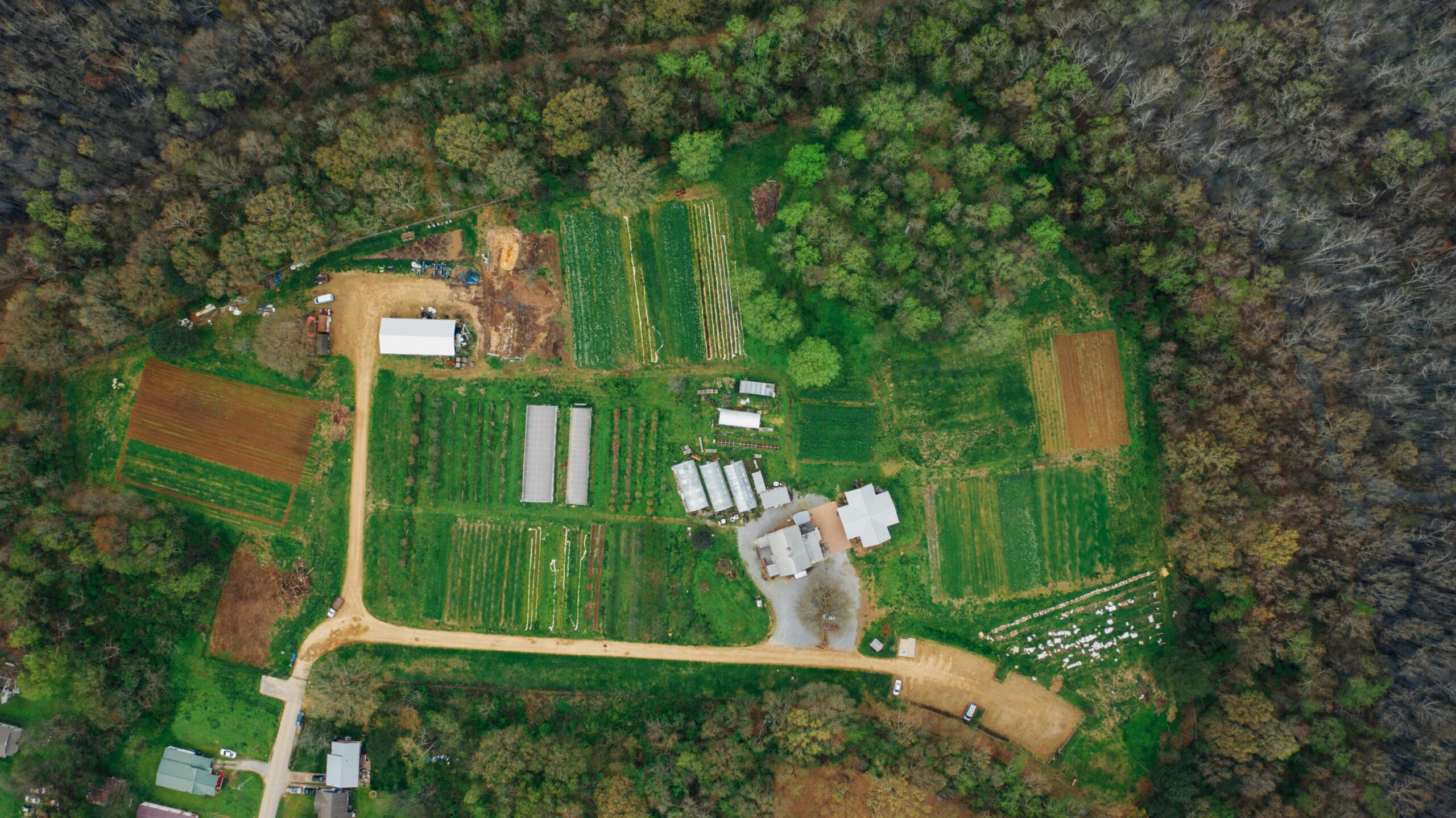 Drone shot of a vibrant rural farmland surrounded by lush woods.